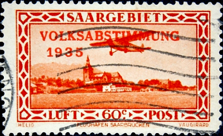 Германия , СААР 1934 год . Самолет летит в Саарбрюккен . Каталог 4,0 фунта.